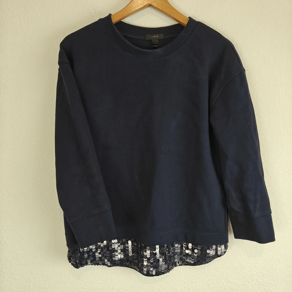 J.Crew Sequin Hem Sweatshirt XS | Navy Crewneck Embellished Casual Glam Pullover
